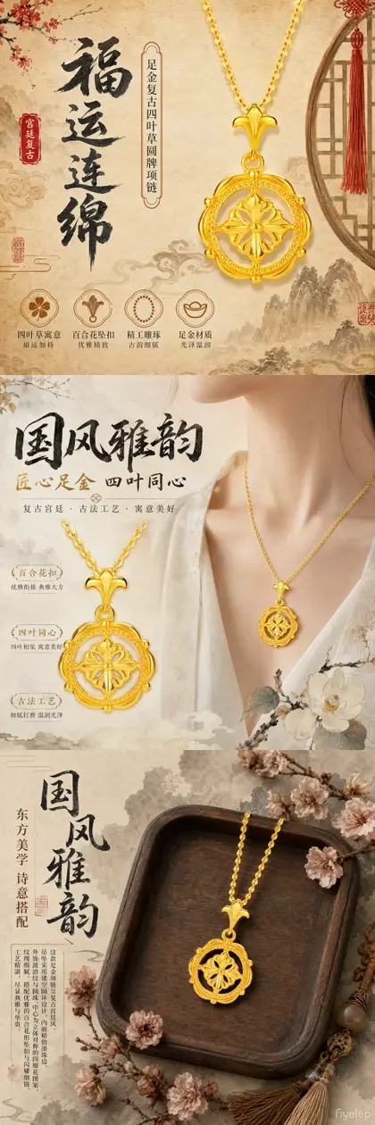 足金复古四叶草圆牌黄金项链女